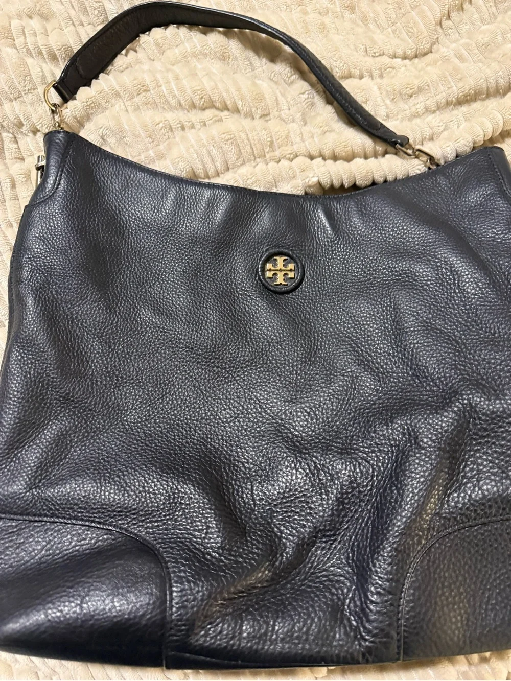 Tory Burch Black Pebbled Leather Hobo with Gold Logo